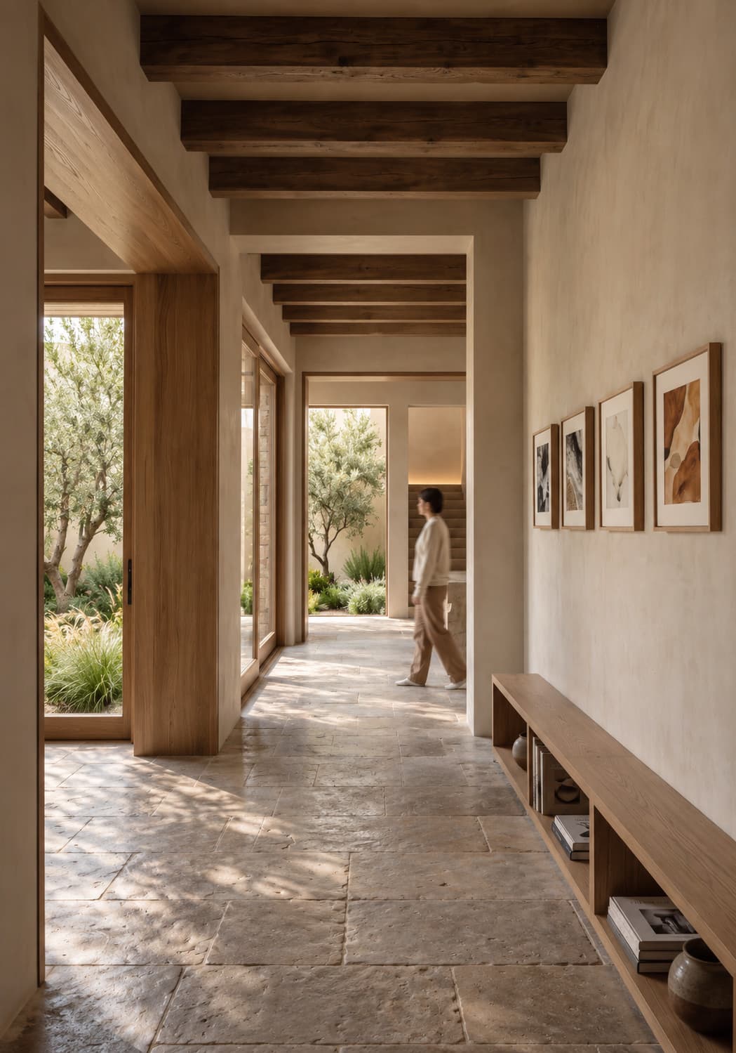 A guest walks down a beamed corridor of plaster and oak past a row of small framed works, a courtyard garden visible through the openings.