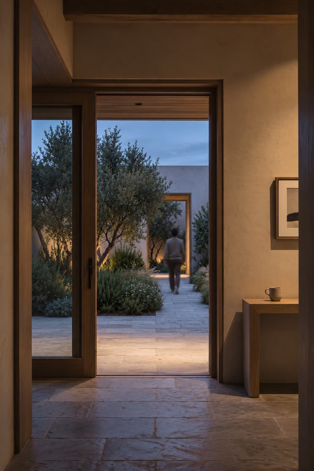 At dusk, a figure walks away across a courtyard, seen through the open doorway of a darkened hall.