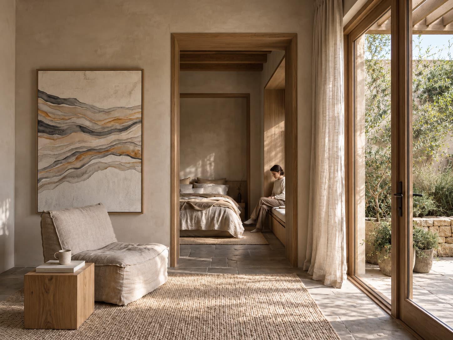 A guest room sitting area with a linen chair beneath a banded painting. Through the doorway, a guest reads on a window seat beside the bed.